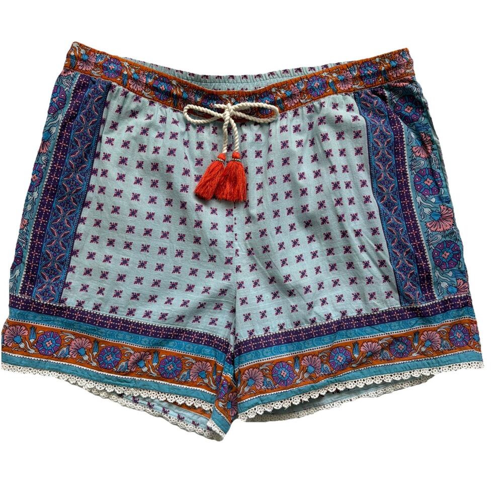 Sundance Boho Shorts Womens 2XL Blue Mixed Print Cotton Drawstring Lace Trim